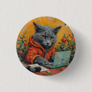 Gamer Cat at the Computer – Funny Tech Button