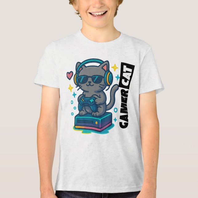 Gamer Cat – Cool Cat with Headphones & Game Contro Tri-Blend Shirt (Front)