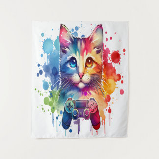 Gamer Cat Delight: Colourful Watercolor Tapestry