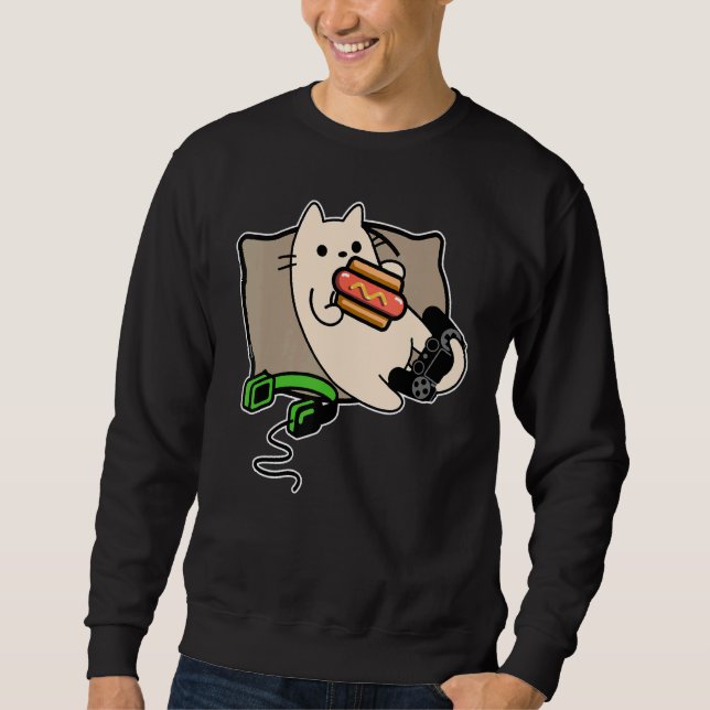 Gamer Cat Eating Hot Dog Game Loading Sweatshirt (Front)