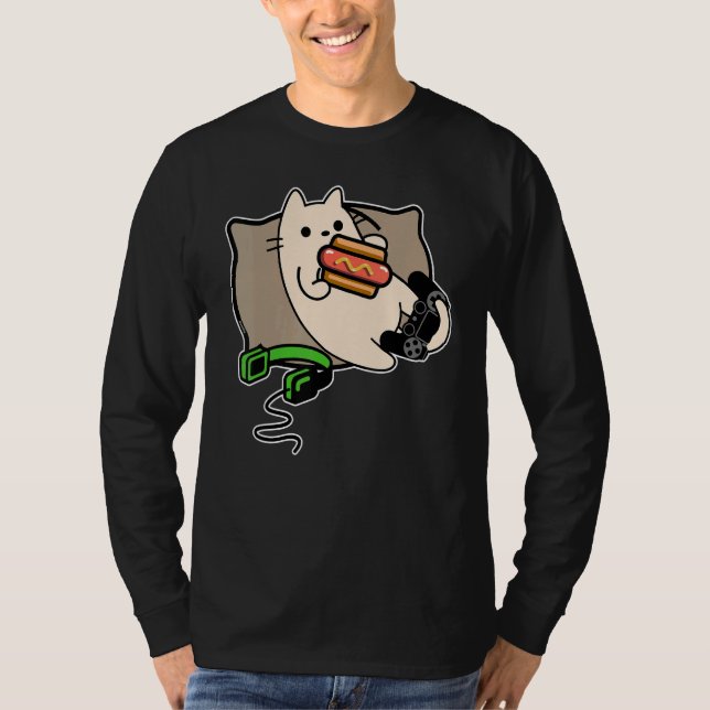 Gamer Cat Eating Hot Dog Game Loading T-Shirt (Front)