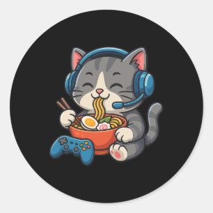 Gamer Cat Eating Ramen - Gaming Lover Console Game Classic Round Sticker