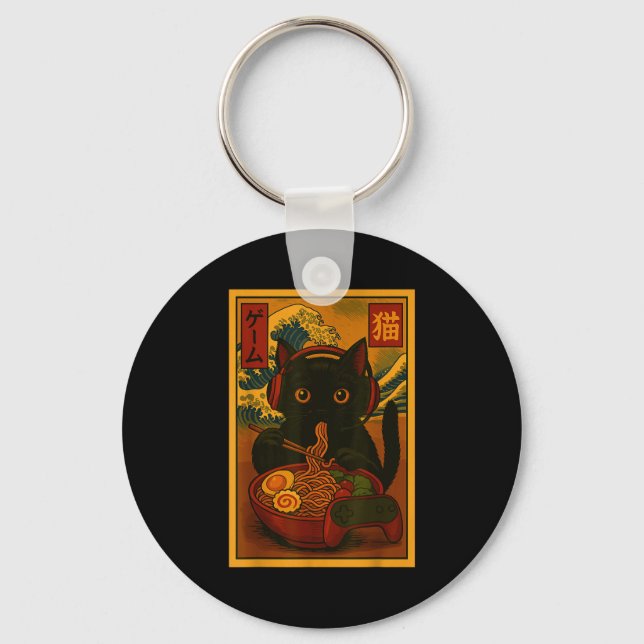 Gamer Cat Eating Ramen Japanese Style  Key Ring (Front)