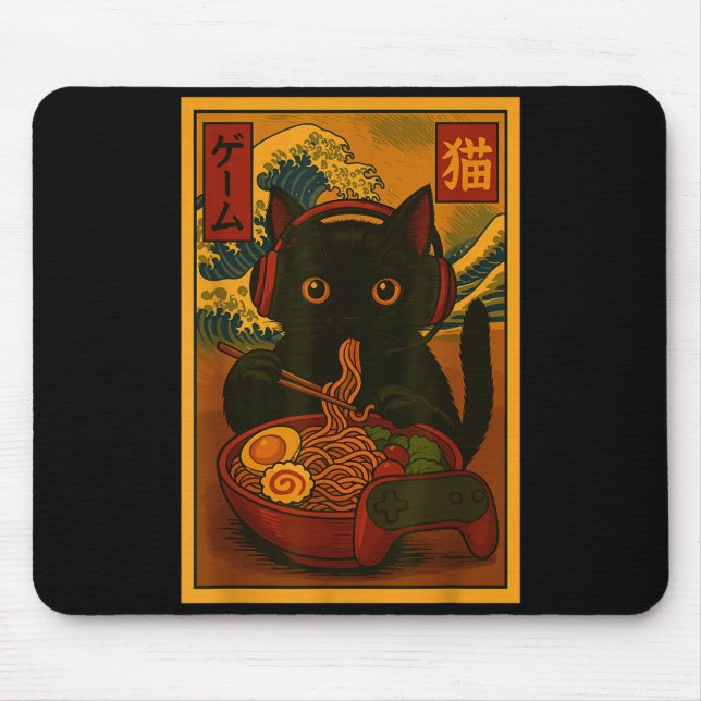 Gamer Cat Eating Ramen Japanese Style  Mouse Pad (Front)