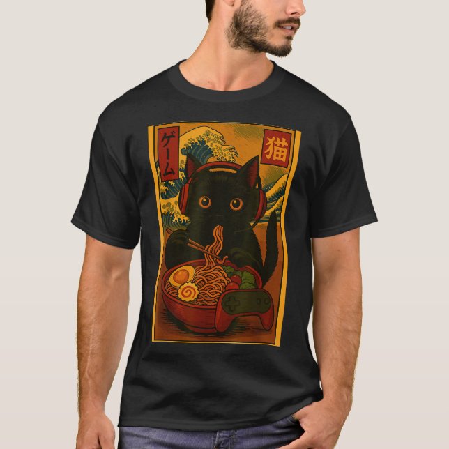 Gamer Cat Eating Ramen Japanese Style  T-Shirt (Front)