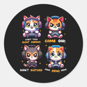 Gamer Cat Funny Gaming Video Games Pew Boys Girls Classic Round Sticker