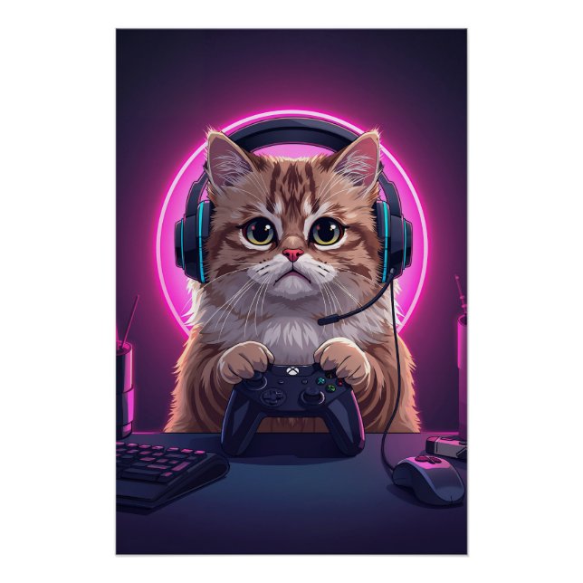 Gamer Cat Kids Poster – Funny Cartoon Kitten (Front)