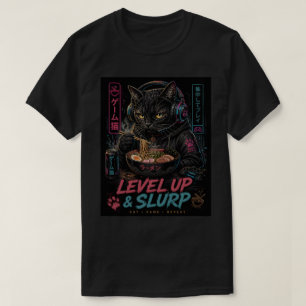 Gamer Cat "Level Up & Slurp" Ramen Noodle Japanese T-Shirt