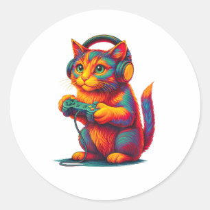 Gamer Cat Video Games Boys Teen Men Girls Funny  Classic Round Sticker