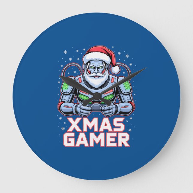 Gamer Christmas Gifts Cyber Santa Robot Xmas Gamer Large Clock (Front)