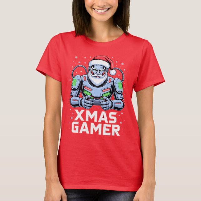 Gamer Christmas Gifts Cyber Santa Robot Xmas Gamer T-Shirt (Front)