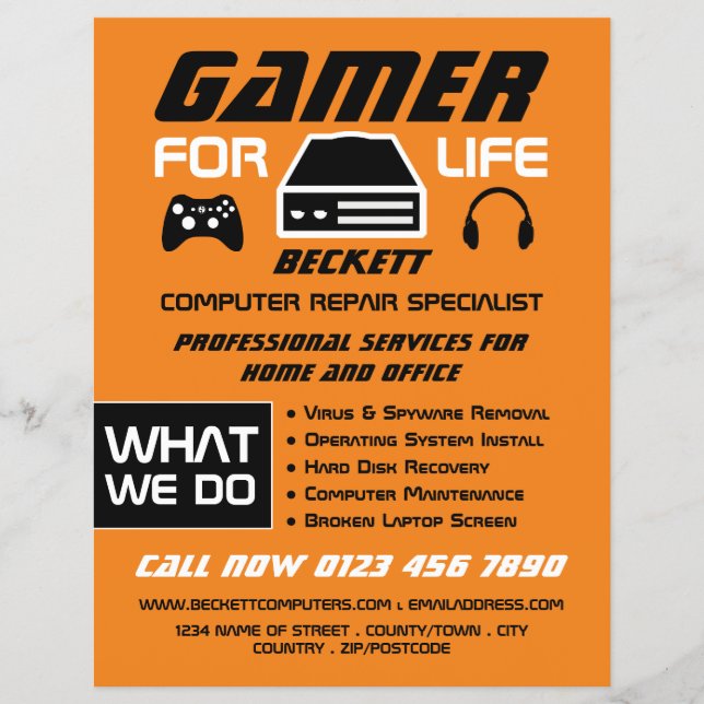 Gamer for Life, Computer Repair Specialist Advert Flyer (Front)