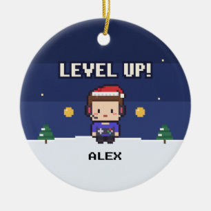 Gamer Gift Level Up Pixel Christmas Ornament