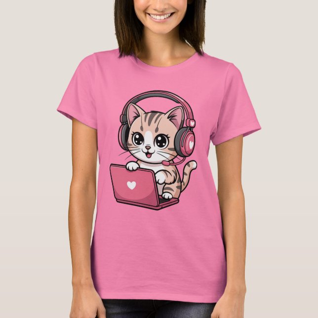 Gamer Girl Cat Gaming Cute T-Shirt (Front)