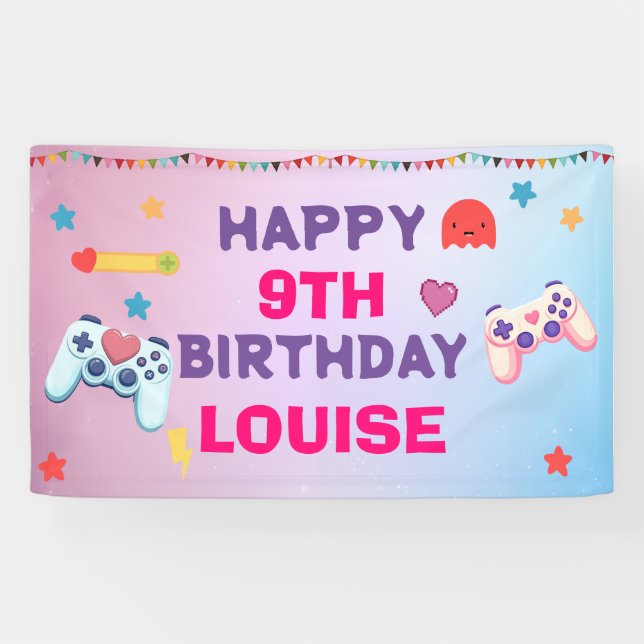 Gamer Girl Colourful Pink Video Game Birthday Banner (Horizontal)