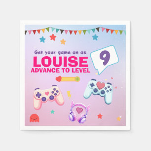 Gamer Girl Colourful Pink Video Game Birthday Napkin