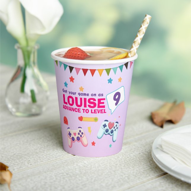 Gamer Girl Colourful Pink Video Game Birthday Paper Cups (Insitu)