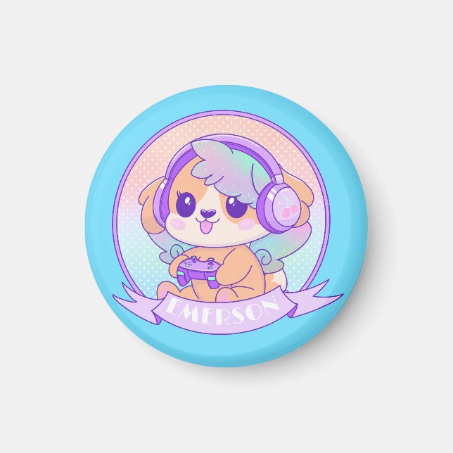Gamer Girl Kawaii Chibi Dog & Headphones Baby Blue Magnet (Front)