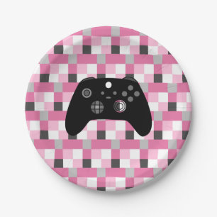 Gamer Girl Pink Pixels and Black Birthday  Paper Plate