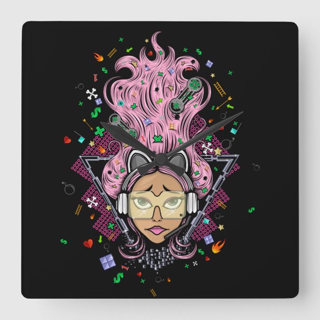 Gamer Girl Square Wall Clock (Front)
