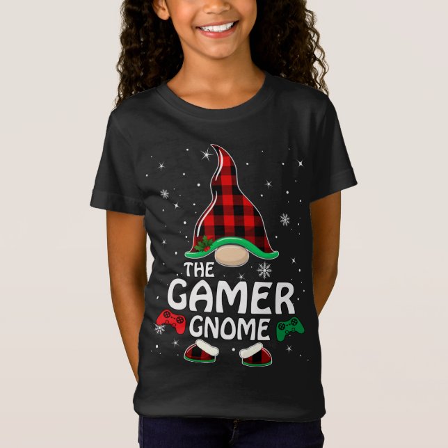 Gamer Gnome Buffalo Plaid Matching Family Christma T-Shirt (Front)