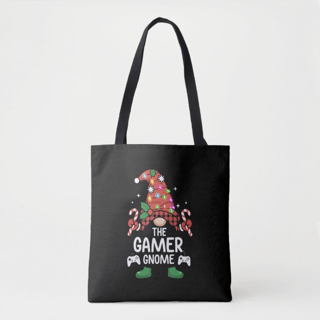 Gamer Gnome Buffalo Plaid Matching Family Xmas Tote Bag (Front)
