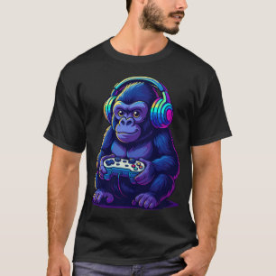 Gamer Gorilla with Headphones — Neon Gaming Vibes T-Shirt