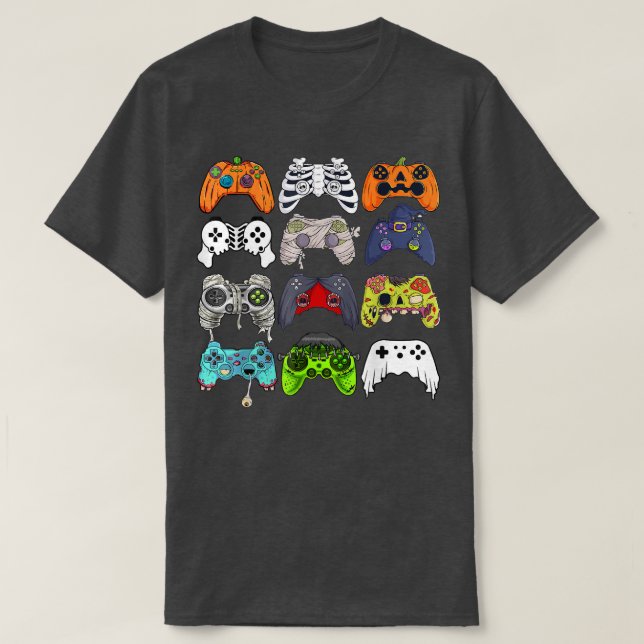 Gamer Halloween Pumpkin Skeleton Zombie Gaming Con T-Shirt (Design Front)
