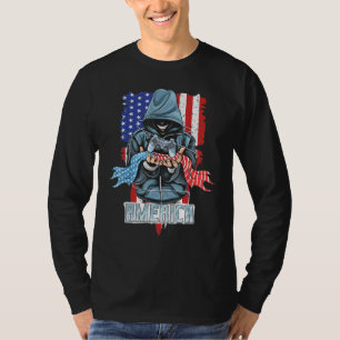 Gamer Holding The Joystick And America Flag 4th Of T-Shirt