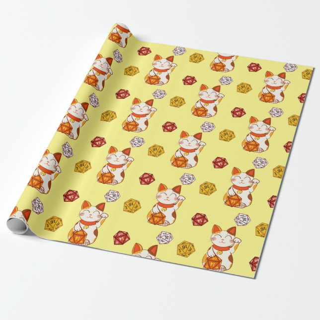 Gamer Maneki Neko Pattern with D20 Dice (Yellow) Wrapping Paper (Unrolled)