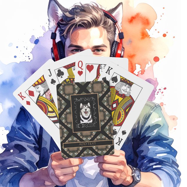 Gamer Name & Your Photo Template Tan/Brown/Black Playing Cards (Deck of Playing Cards with a Husky center. Customize. Enlarged to see Cards easer!)