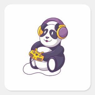 Gamer Panda Playing Videogames Square Sticker