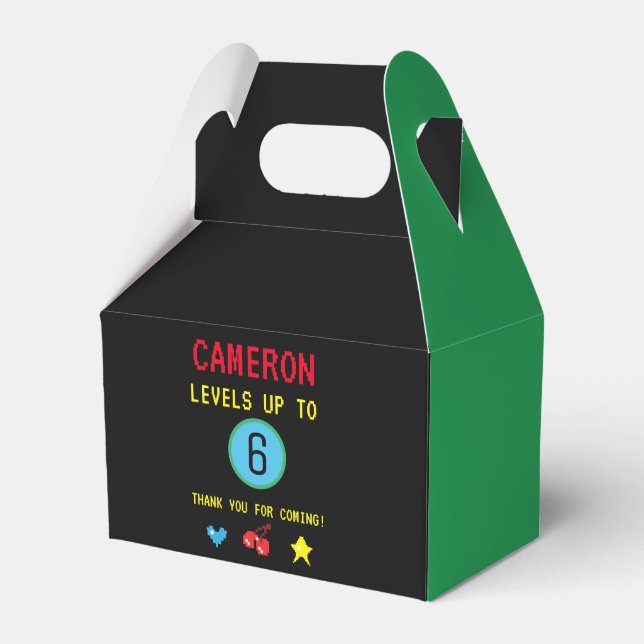 Gamer Pixel Arcade level up 6th birthday Green Favour Box (Front Side)