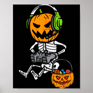 Gamer Pumpkin Skeleton Funny Halloween Gaming Boys Poster