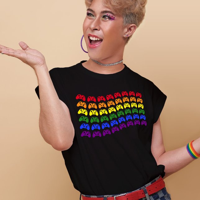 Gamer Rainbow Controllers Gay Pride Flag  T-Shirt (Mockup of LGBT youth wearing t-shirt. Mockup by our-team on Freepik)