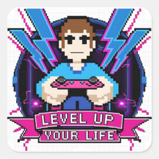 Gamer Retro Level Up Square Sticker
