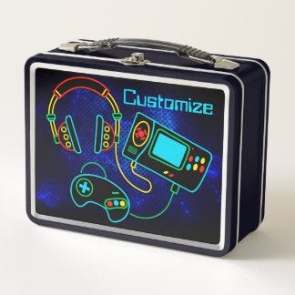 Gamer Retro Neon Blue Metal Lunch Box