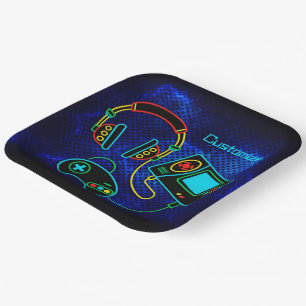 Gamer Retro Neon Blue Paper Plate