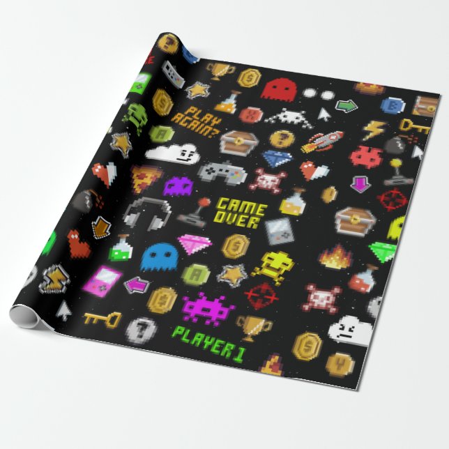 Gamer Retro Pixel Video Gaming Icons Wrapping Paper (Unrolled)