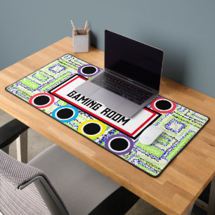 Gamer Room Geometric Green Blue Circles Stars Desk Mat
