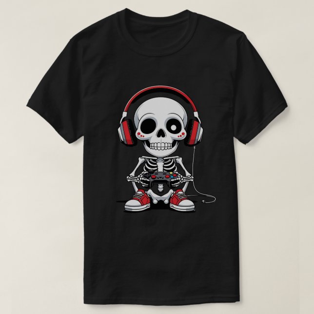 Gamer Skeleton – Funny Halloween Gaming  T-Shirt (Design Front)
