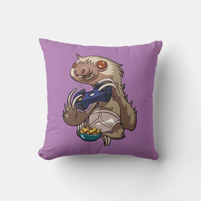 Gamer Sloth Eating Nachos in Underpants Cartoon Cushion (Front)