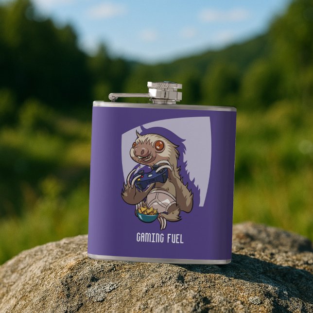 Gamer Sloth Eating Nachos in Underpants Cartoon Hip Flask (Creator Uploaded)