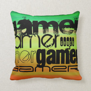 Gamer; Vibrant Green, Orange, & Yellow Cushion