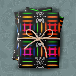Gamer Video Game Controller Neon Birthday Party Wrapping Paper Sheet