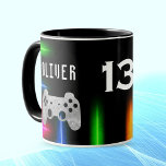 Gamer Video Game Controller Neon Name Age  Mug<br><div class="desc">Gamer Video Game Controller Neon Name Age Mug. Gaming controller on a vivid colourful neon lights on a black background. Add your name and age. Great as a birthday gift for a real gamer.</div>
