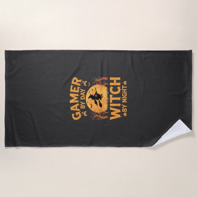 Gamer Witch Halloween Gaming Design Beach Towel (Front)