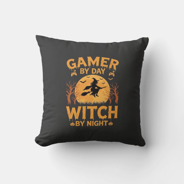 Gamer Witch Halloween Gaming Design Cushion (Front)