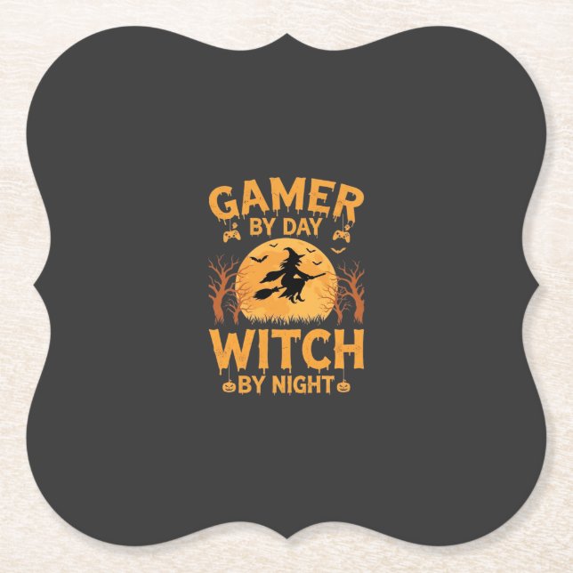 Gamer Witch Halloween Gaming Design Paper Coaster (Front)
