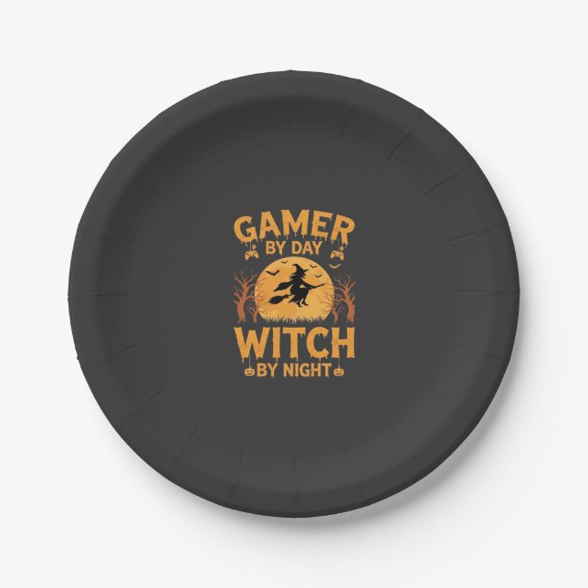 Gamer Witch Halloween Gaming Design Paper Plate (Front)